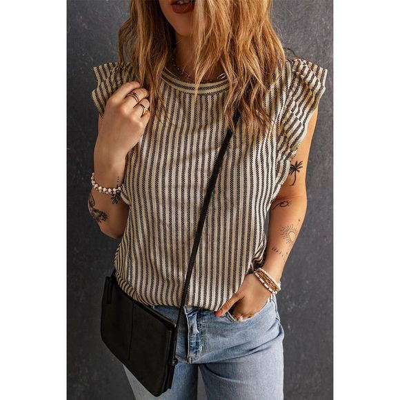 Azura Exchange  Khaki Striped Crew Neck Ruffled Tank Top - Picture 3 of 15